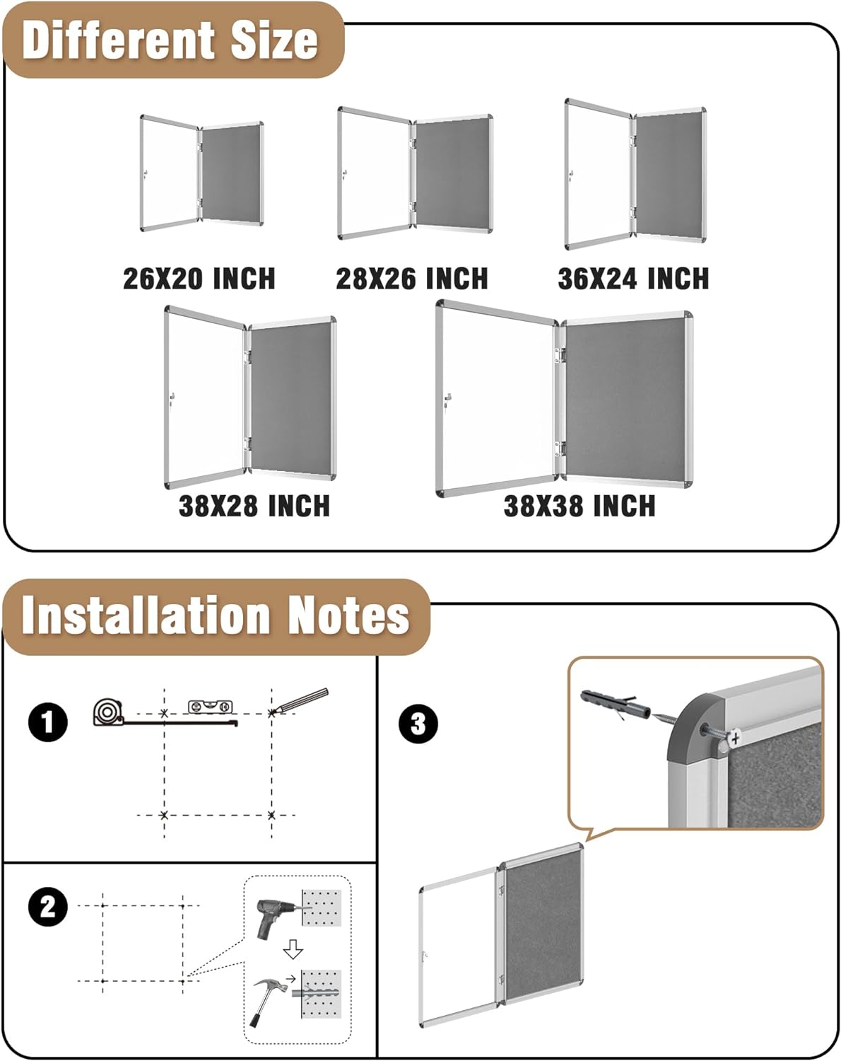 38"x38" Enclosed Bulletin Board, Lockable Weather-Resistant Aluminum Cork Noticeboard for School & Office, Silver Frame w/Grey Flet