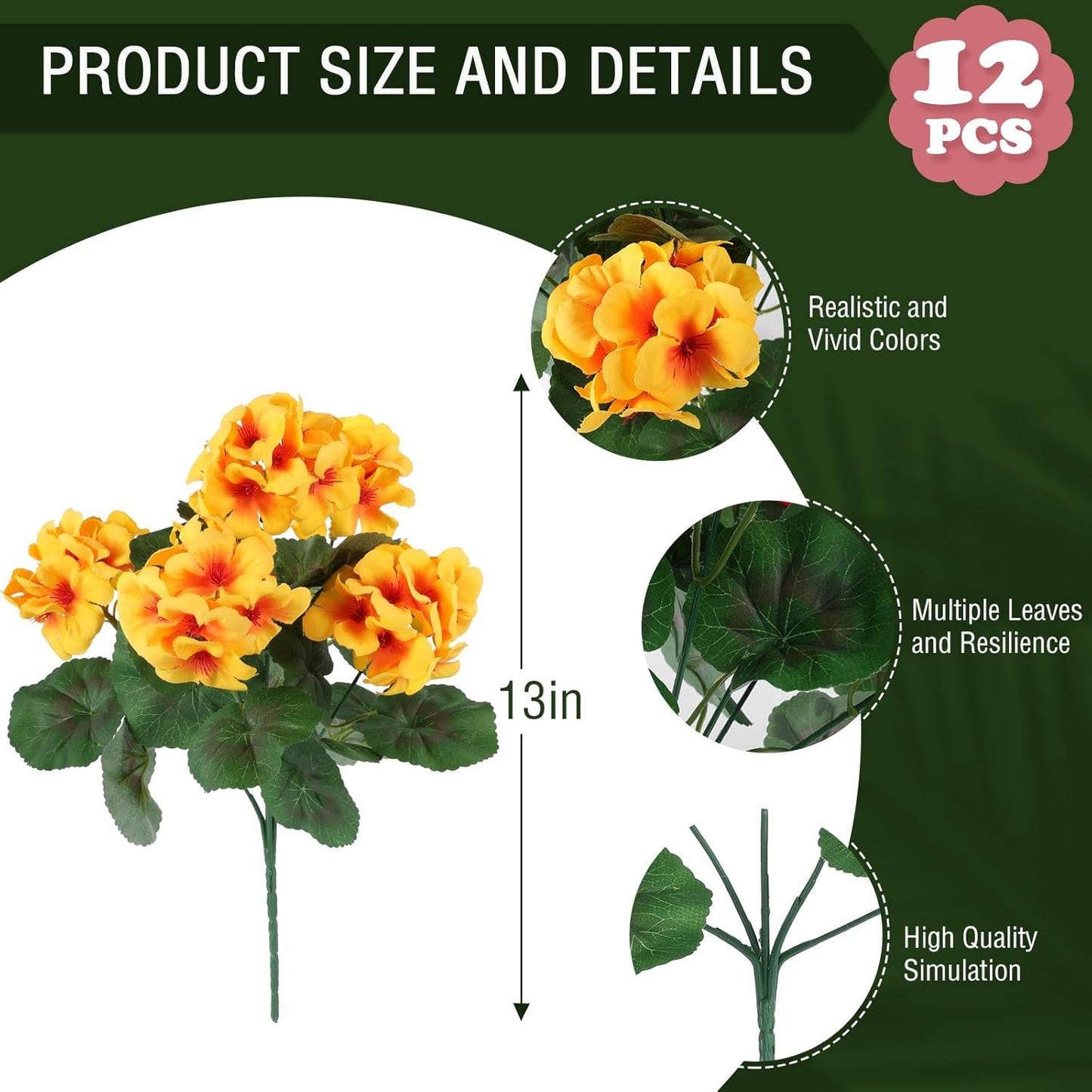 Hananona Artificial Geranium Flowers for Outdoors Geranium Silk Flowers Outdoor UV Resistant Garden Plants Faux Flowers for Home Kitchen Table Centerpieces Decor (12, Yellow)
