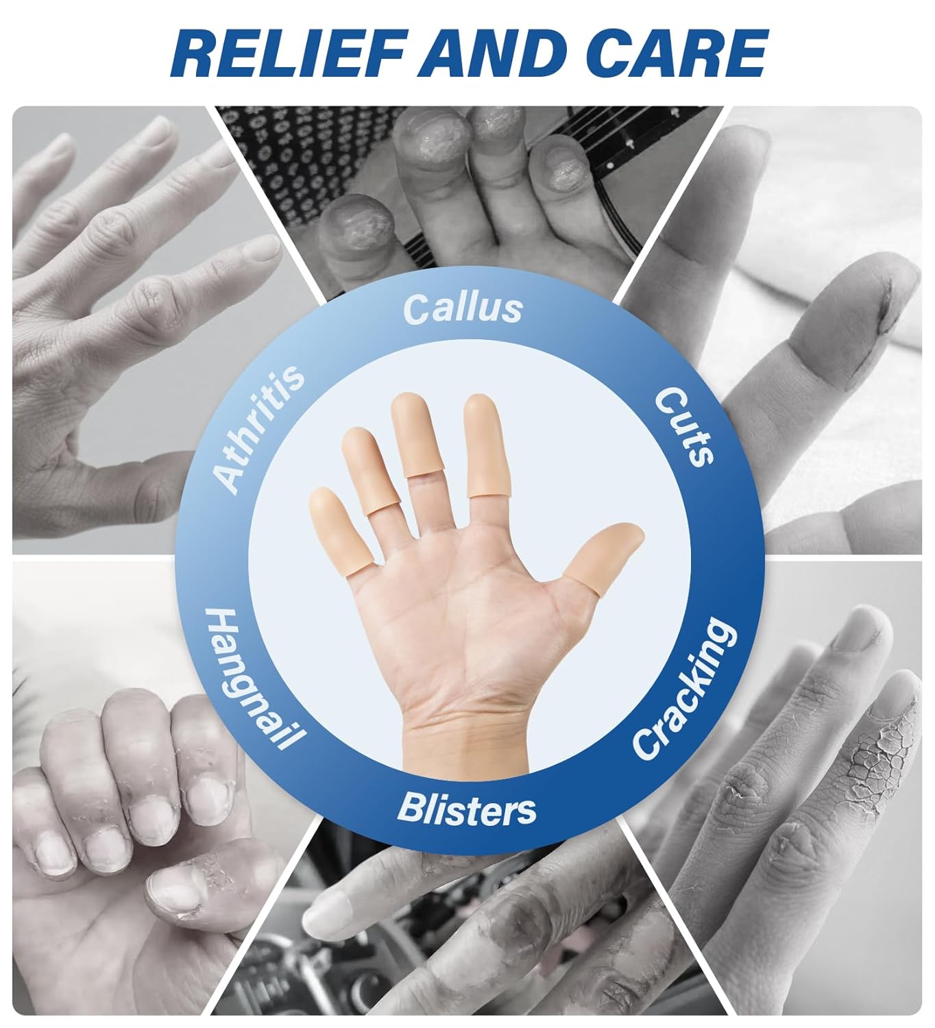 MasterMo Gel Finger Cots Protectors, Silicone Fingers Covers Bandages Caps Sleeves for Fingertip Thumb Protection, Ideal for Trigger, Arthritis, Cracking, Blisters, Callus, Hangnail & Pain Relief (Nude, M, 10PCS)