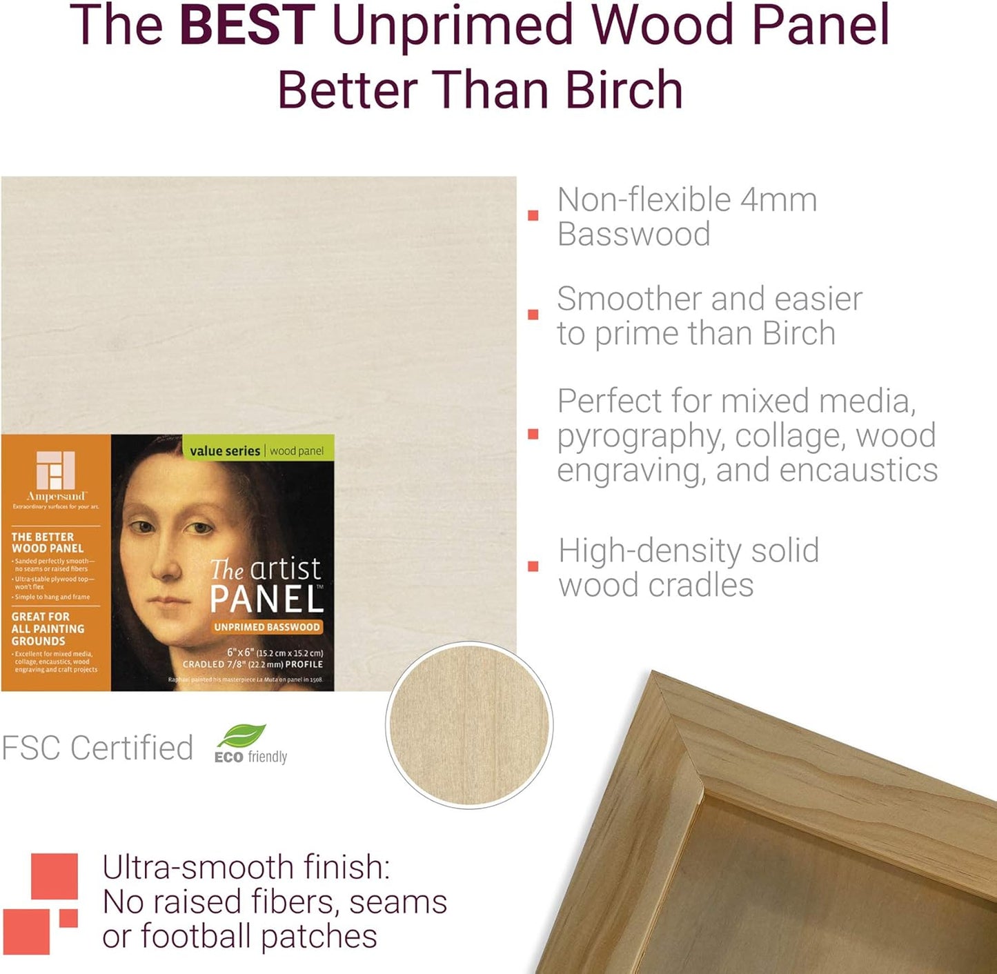 Ampersand Art Supply Unprimed Basswood Artist Panel, 7/8" Cradled Profile, 5"x5"