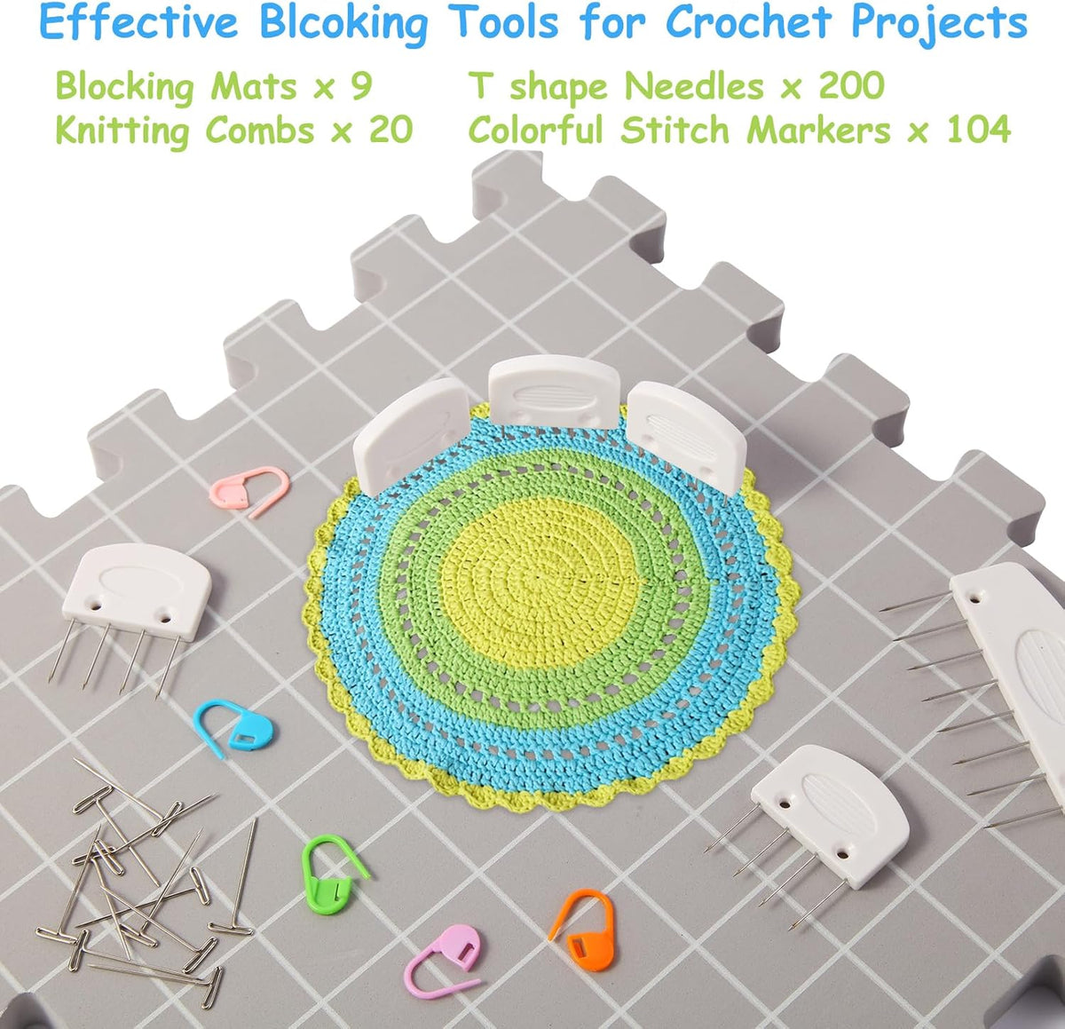 MEVOME Blocking Mats for Knitting with 20pcs Knitting Blockers 200 T-pins 104 Locking Stitch Markers, Extra Thick Block Boards with Grids Storage Bag for Needlepoint Crochet - Pack of 9 (Gray)