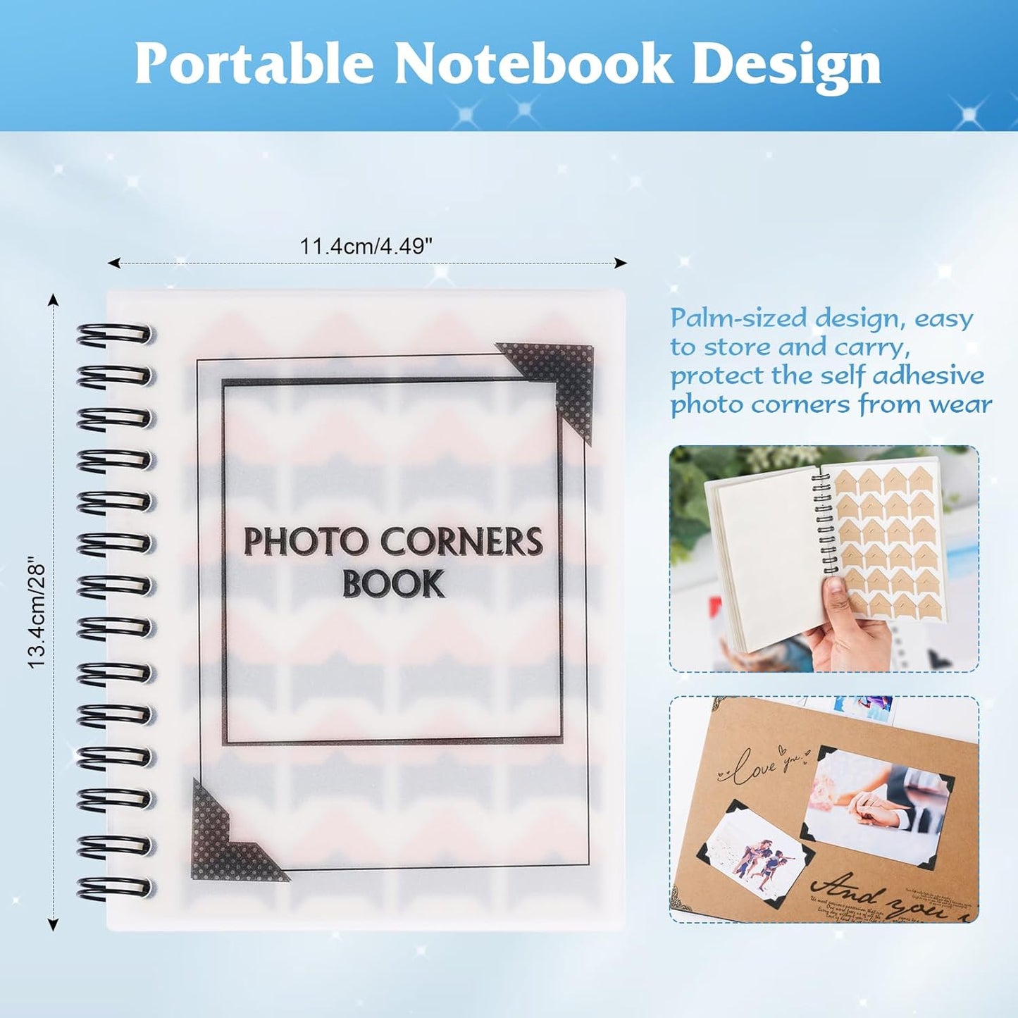 GOONAVI 15 Sheets 360 PCS Cowhide Photo Corners Notebook, Self-Adhesive Corners for DIY Album Journal, Corner Stickers for Trip Memory Book