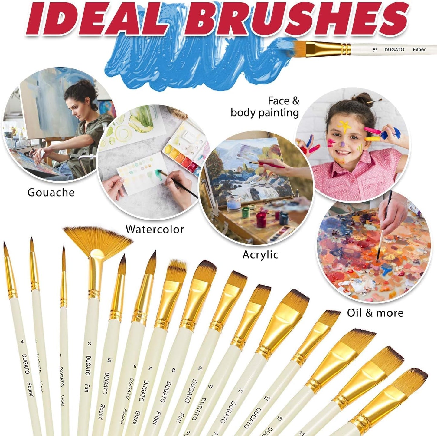 DUGATO 15pc Artist Paint Brush Set with Pop-Up Case, Palette Knife & Sponges - Nylon Hair for Acrylic, Oil, Watercolor, Gouache, Model & Craft Painting
