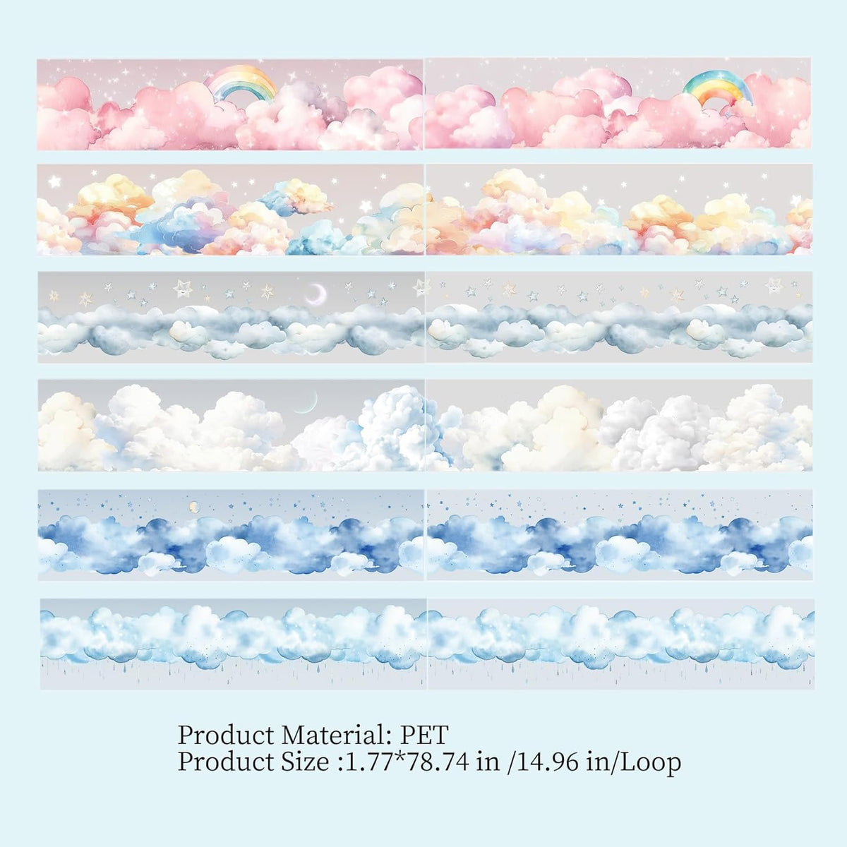 PET Tape Set for Journaling,6 Rolls Cloud Theme Washi Tape Stickers for Scrapbook Supplies,Notebook,Photo Album,Junk Journal,DIY Crafts(Fig. High in The Clouds)
