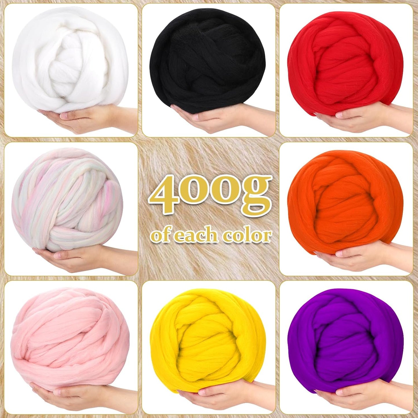 QMNNMA 14.1oz Wool Roving Yarn, Fiber Roving Wool Top, Wool Felting Supplies, Chunky Yarn, Handmade Carded Core Woolen for Craft, Wet Felting DIY Hand Spinning