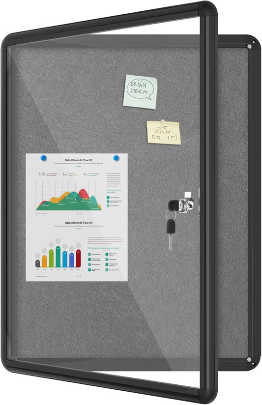 26"x20" Enclosed Bulletin Board, Lockable Weather-Resistant Aluminum Cork Noticeboard for School & Office, Black Frame w/Grey Flet