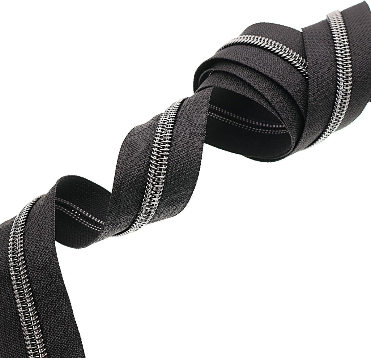 Leekayer #5 Black Nickel Metallic Nylon Coil Teeth Zippers by The Yard Bulk 10 Yards Black Zipper Tape with 25pcs Black Nickel Ring Pull Sliders for DIY Sewing Tailor Craft Bag(Black)