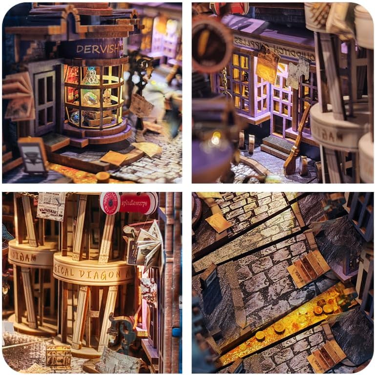DIY Book Nook Kit,Dollhouse Booknook Bookshelf Insert Decor,3D Wooden Puzzles with LED Dust Cover,Book Nook Miniature Kit,Birthday Halloween Home Decor for Teen Adult-Magic Night Alley