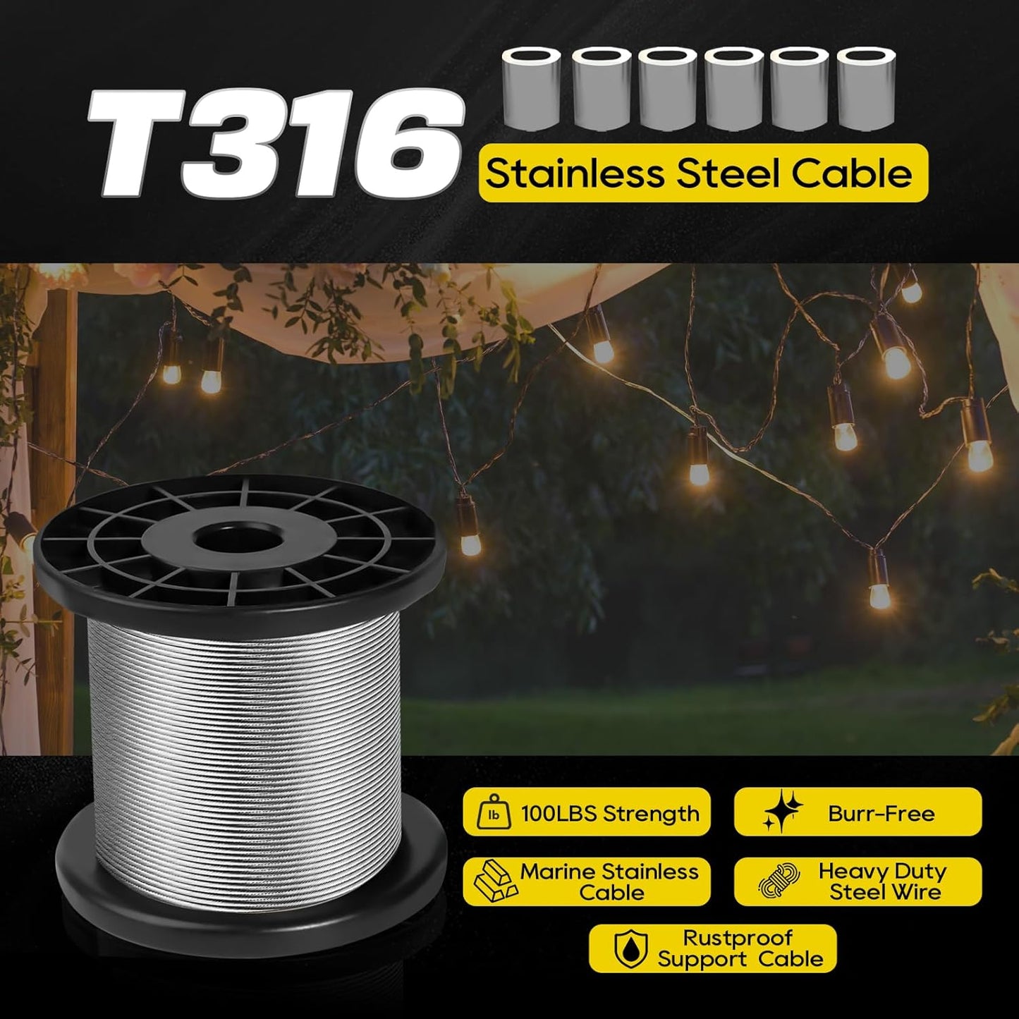 316 Stainless Steel Cable, 400FT 1/32IN Wire Rope 7 * 7 Strand with 100Pcs Aluminum Sleeves Stops, Guide Wire for Outdoor String Lights for String Lights Hanging, Clotheslines, Trellis (400FT)