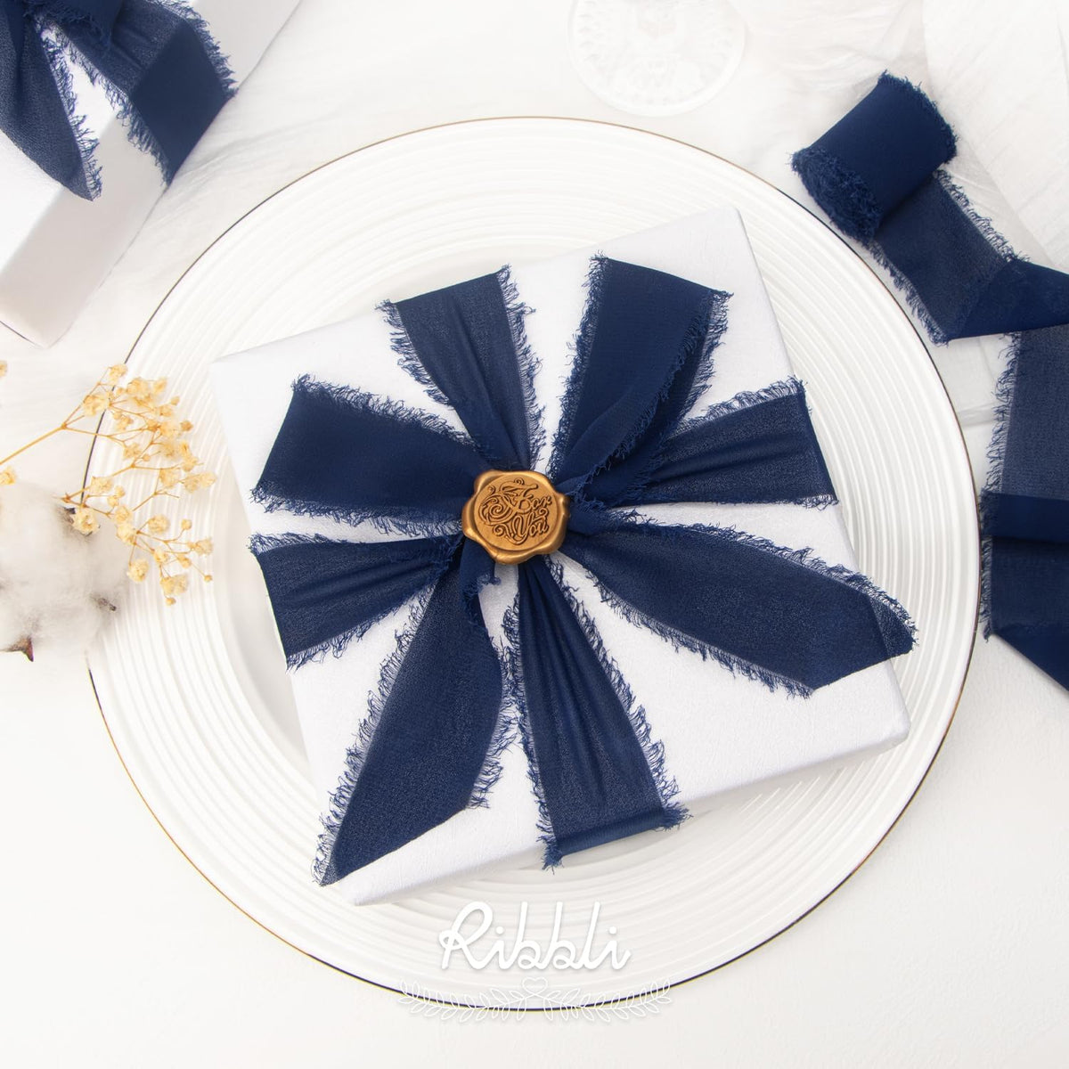 Ribbli Navy Chiffon Ribbon 1-1/2 inch x 20 Yard Handmade Fringe Chiffon Silk Ribbon,Navy Ribbon for Wrapping, Wedding Invitations, Bridal Bouquets, Home Decor