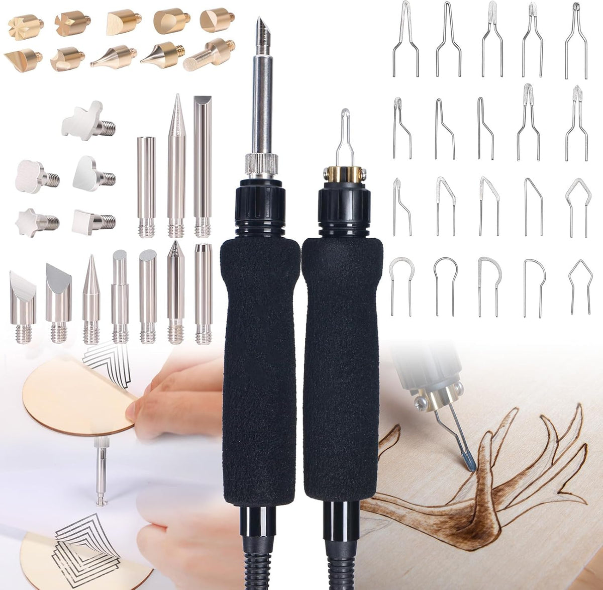 YIHUA 939D-II Pyrography Pen Wood Burning Kit Station 2-in-1 Solid-Point 200~480°C (with Temp Display)/Wire-Nib 250~750°C with 20 Nibs, Solid Points, 1 Stable Pen Holder, 2 Scrap Wood (Blue)