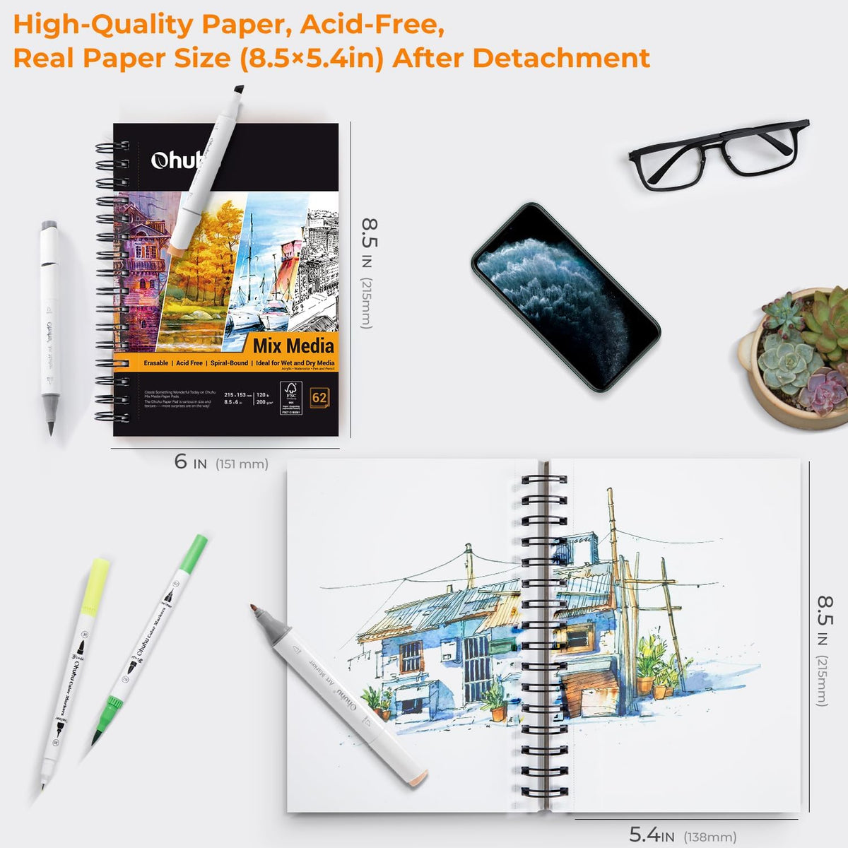 Mix Media Pad, Ohuhu Mixed Media Art Sketchbook, 120 LB/200 GSM Heavyweight Papers, 62 Sheets/124 Pages, Spiral Bound Mixed Media Paper Pad for Christmas Gift (8.5x6 in)