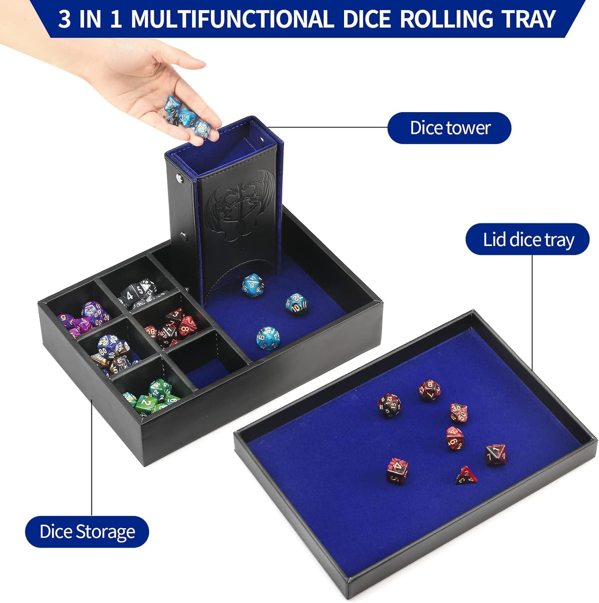 3 in 1 Dice Tray with Lid, Portable Dice Box Storage for DND, Dungeons and Dragons, D&D, MTG & RPG Games - Blue