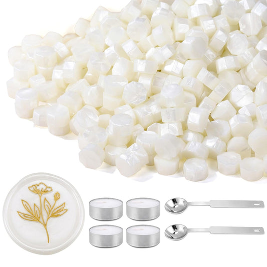 Yoption 360Pcs Peal White Sealing Wax Beads with 2 Spoons and 4 Tea Candles for Wax Seal Stamps, Cards, Wedding Invitations, Wine Packaging, Gift Wrap, Envelopes