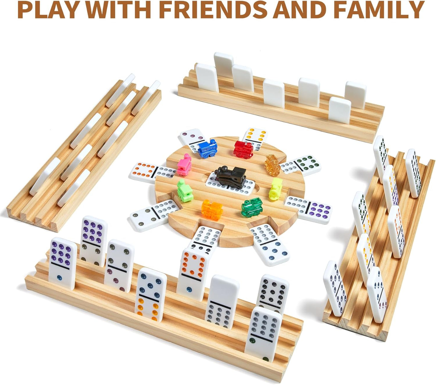 Mexican Train Double 12 Dominoes Set with 4 Wooden Trays/Racks in Portable Carrying Case Colorful 91 Tiles & 9 Trains Board Game for Family Game Night