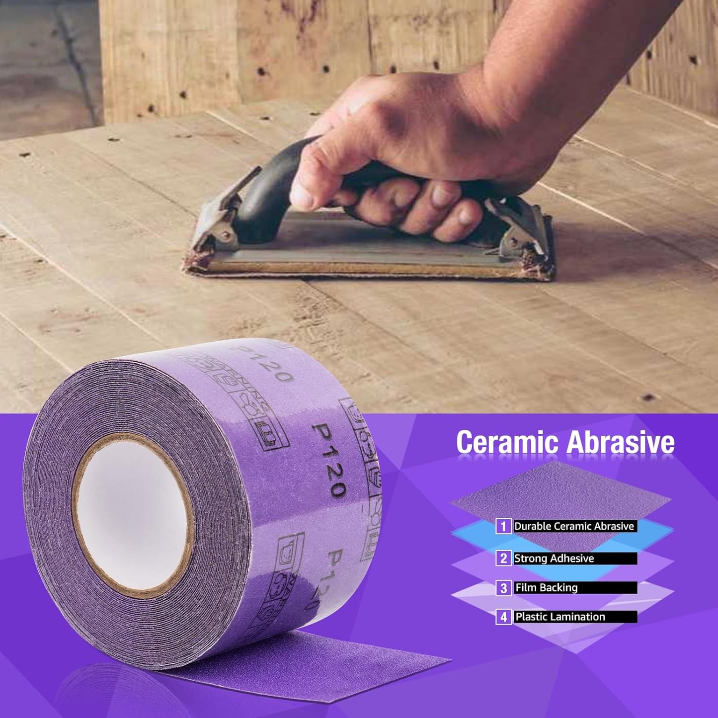 1000 Grit PSA Purple Film Ceramic Sandpaper Roll, 2-3/4" Wide Continuous 20 Yard Longboard Sanding Roll Wet Dry Sanding Blocks Self Adhesive Sticky Back Sanding Sheets for Woodworking Automotive