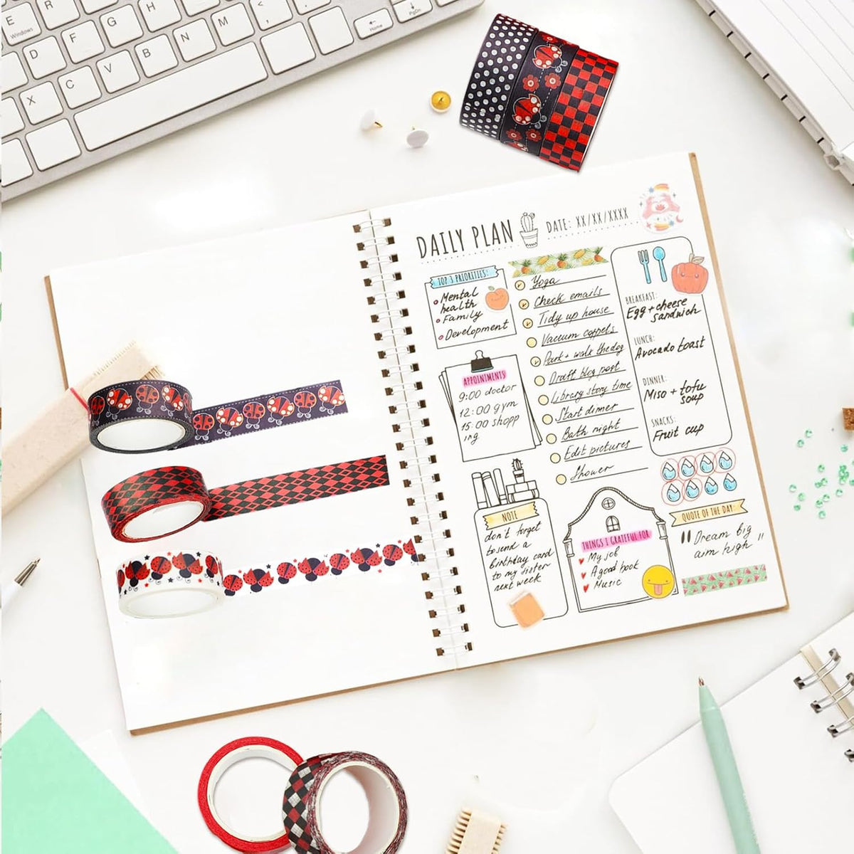 12 Rolls Insect Washi Tape, Seven Star Ladybug Masking Tape, Red Black Spots Decorative Tape for Journaling, Scrapbooking, DIY Crafts, Planner, Gift Wrapping, 16.4FT