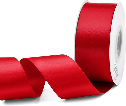 Humphrey's Craft 1-1/2 Inch Red Satin Ribbon Double Faced 25 Yards, Thick Silk Ribbon for Crafts Gift Wrapping DIY Bows Bouquet Decoration Sewing Christmas Tree Wedding and Invitation Card.