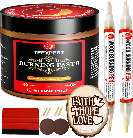 Teexpert Wood Burning Gel Pen Kit, 4 OZ Paste, 2 Double-Sided Scorch Pens, 4 Tips, Squeegee, Sandpaper for DIY Heat Sensitive Wood Crafts Suitable for Artists & Beginners