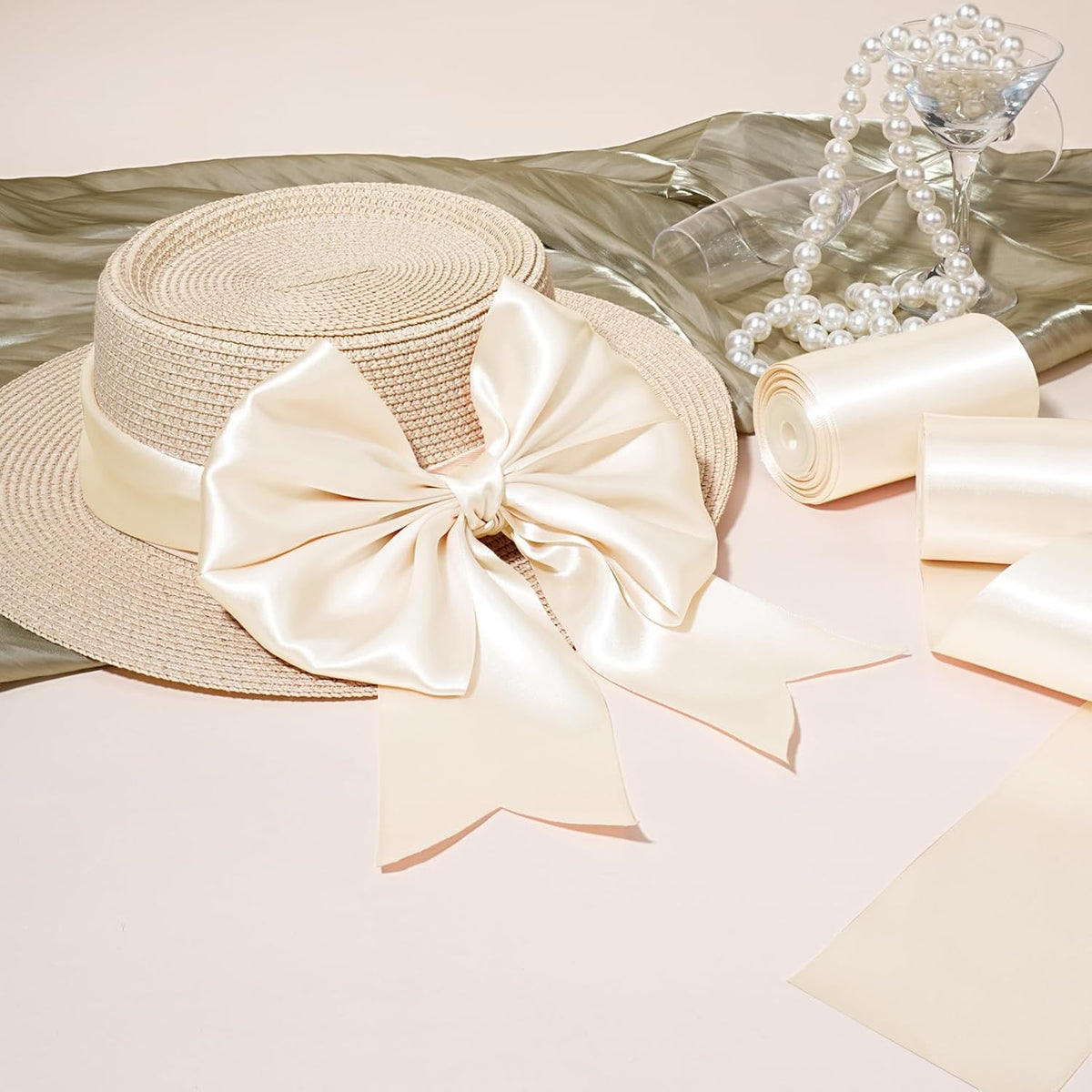 LaRibbons Nude Satin Ribbon 4 Inch 10 Yards Double Faced Luxury Nude Silk Ribbon for Gift Wrapping Flower Bouquets Bow Christmas Wedding Party Decoration