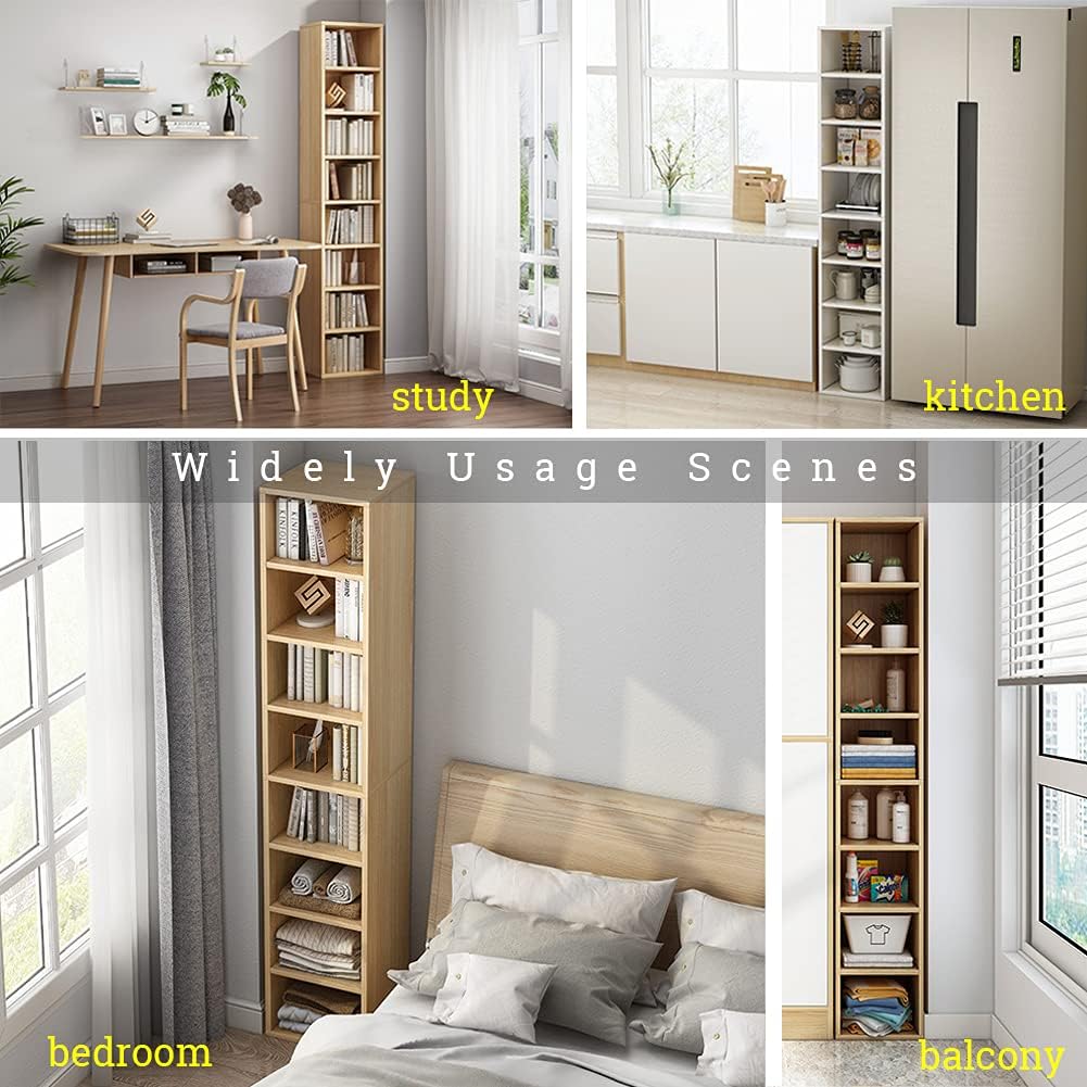 IOTXY Small Narrow Corner Bookcase - 47 Inches Tall Gap Freestanding Storage Cabinet, 4 Lattices Open Shelves Tower Rack with Door, Cubes Bookshelf in White