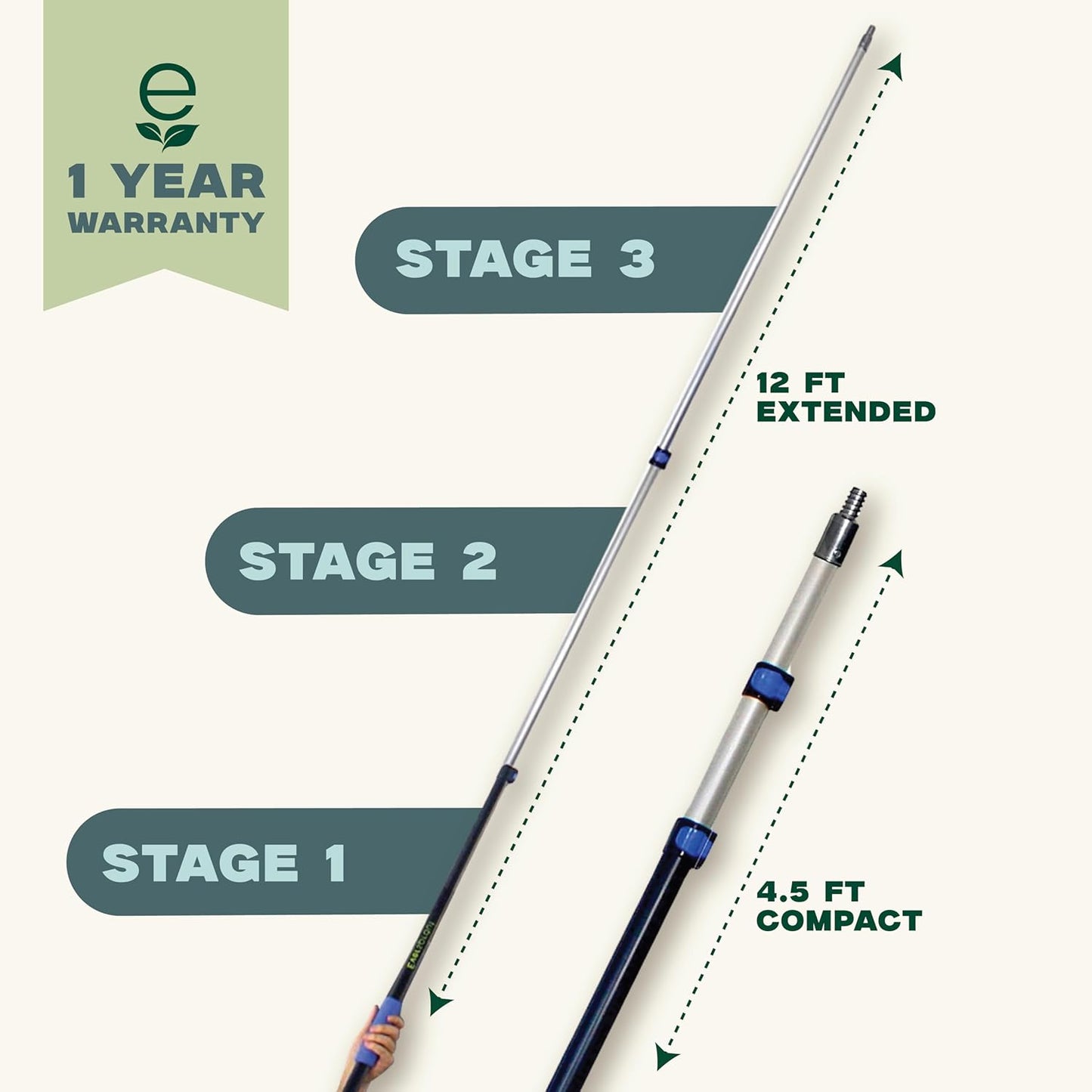 EVERSPROUT Pro Pole, 5-to-12 Foot Heavy Duty Extension Pole (3-Stage), Lightweight Anodized Aluminum, Telescoping Pole - Fits Standard ACME Threaded Adaptor for Cleaning, Squeegee, Bulb Change & More