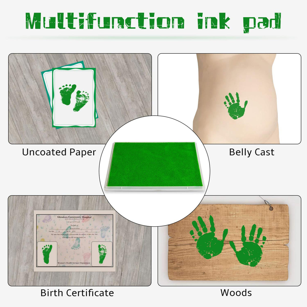Ink Pad, 5x4'' Washable Non-Toxic Ink Stamp Pad for Baby Footprint Handprint, Green