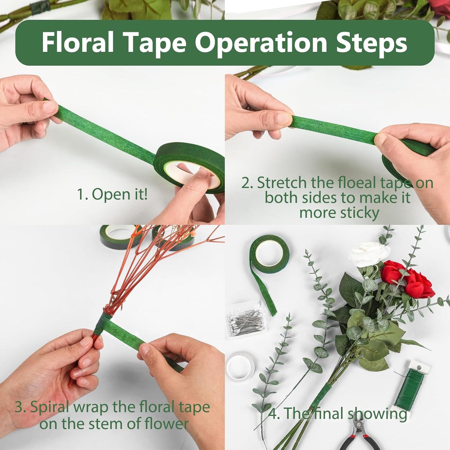 NESCCI Flower Tape,Floral Tape for Bouquets,12 Rolls of 1/2 "Wide Dark Green Flower Tape,Used for Wrapping Bouquet Stems and Flower Crafts,Wedding Bouquet (Dark Green, Size 264 Yards)