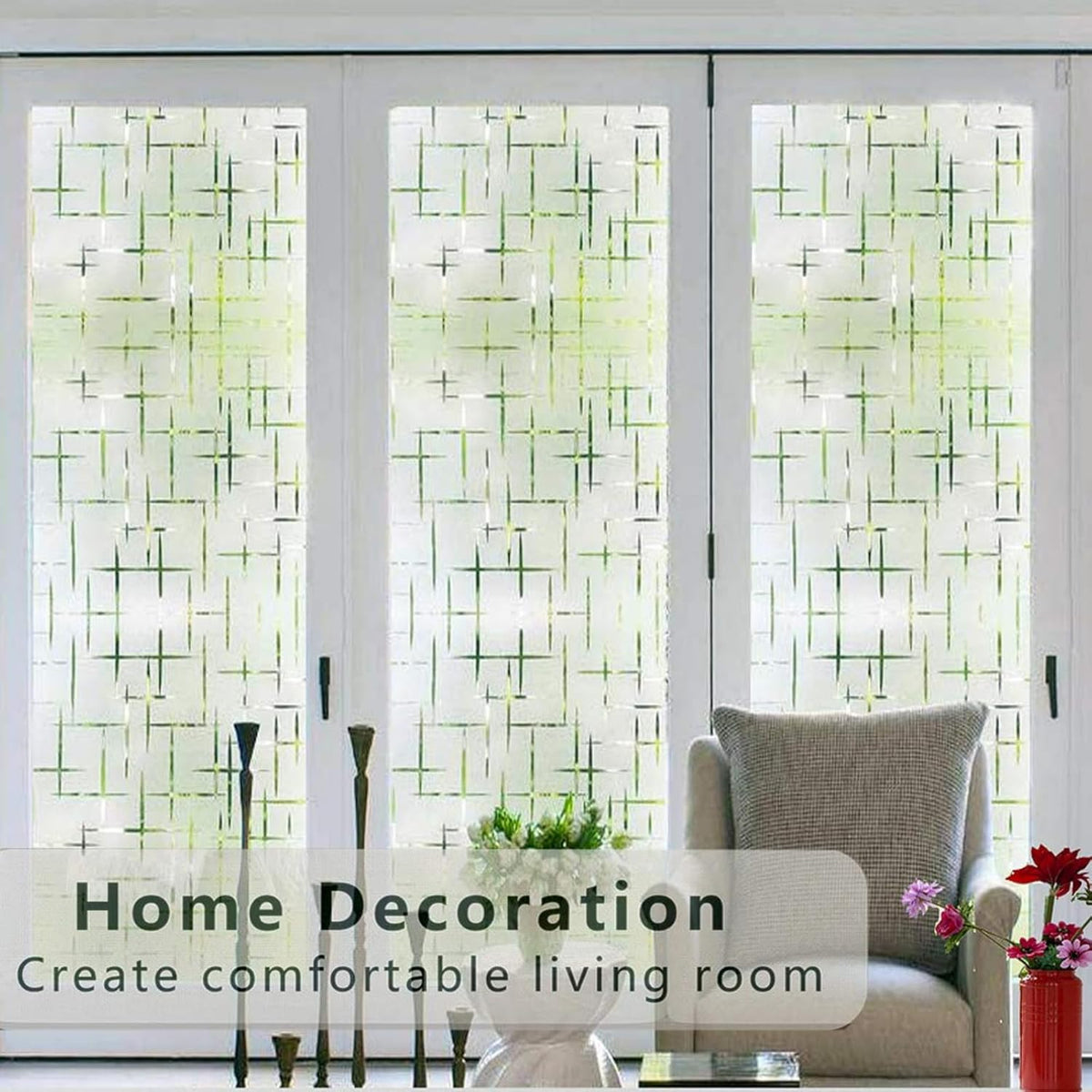 Finnez Frosted Window Film Non-Adhesive, Frosting Privacy Film for Glass Windows, Self Static-Cling Decorative Window Cling for Home Office UV Protection Cross Pattern 45.2 x 78.7 inches