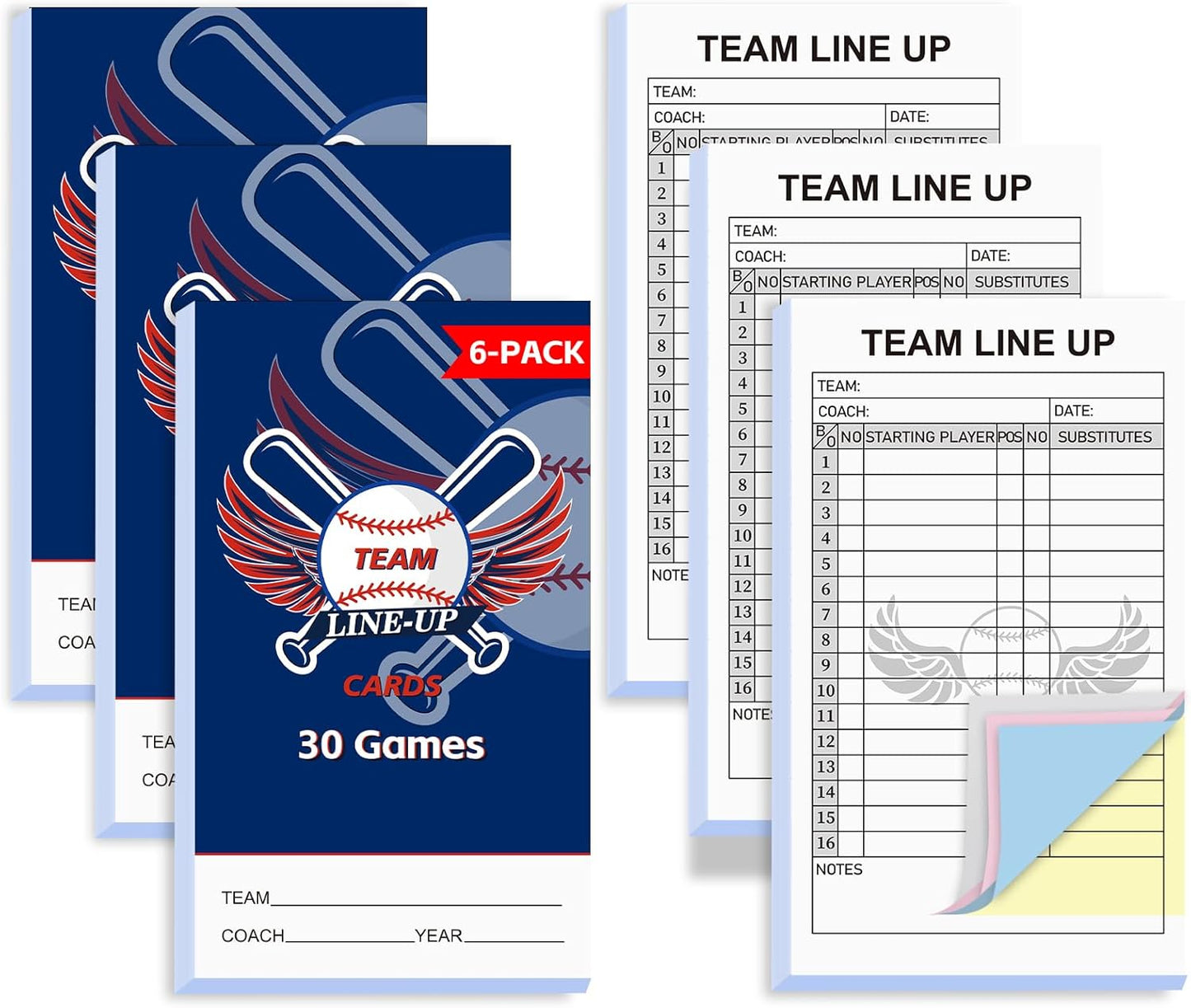 30/60/120/180 Baseball Lineup Cards with 4-Part Carbonless Copies, 4.53 x 7.87 Inch 16 Player Roster Sheets for Games, Softball Line up Coaching Accessories for Coaches and Umpires