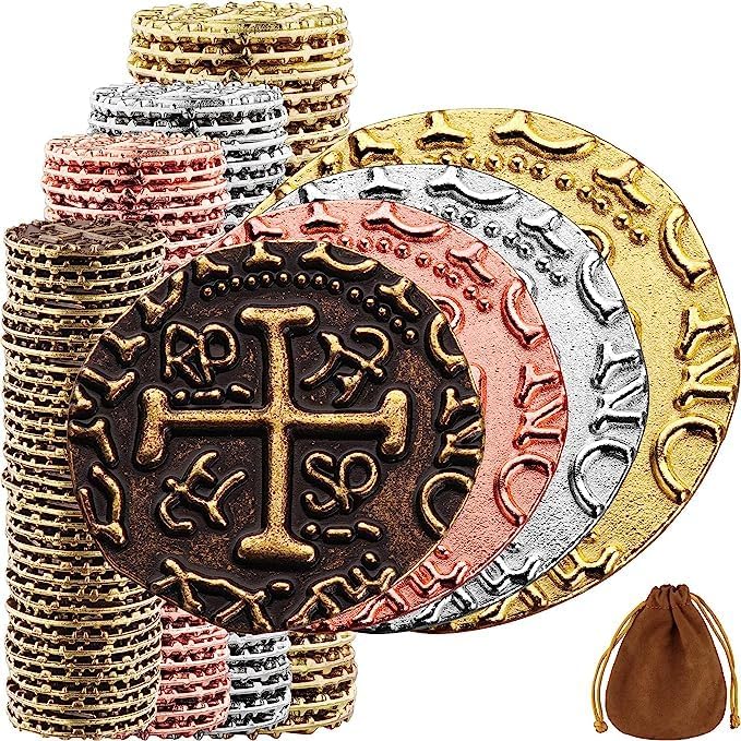 Large Metal Pirate Coins - 100 Bronze, Silver, Gold & Rose Gold Treasure Coin Set, Metal Replica Spanish Doubloons for Pirate Party Decorations & Favors, Tokens, Toys, Cosplay, Treasure Chest
