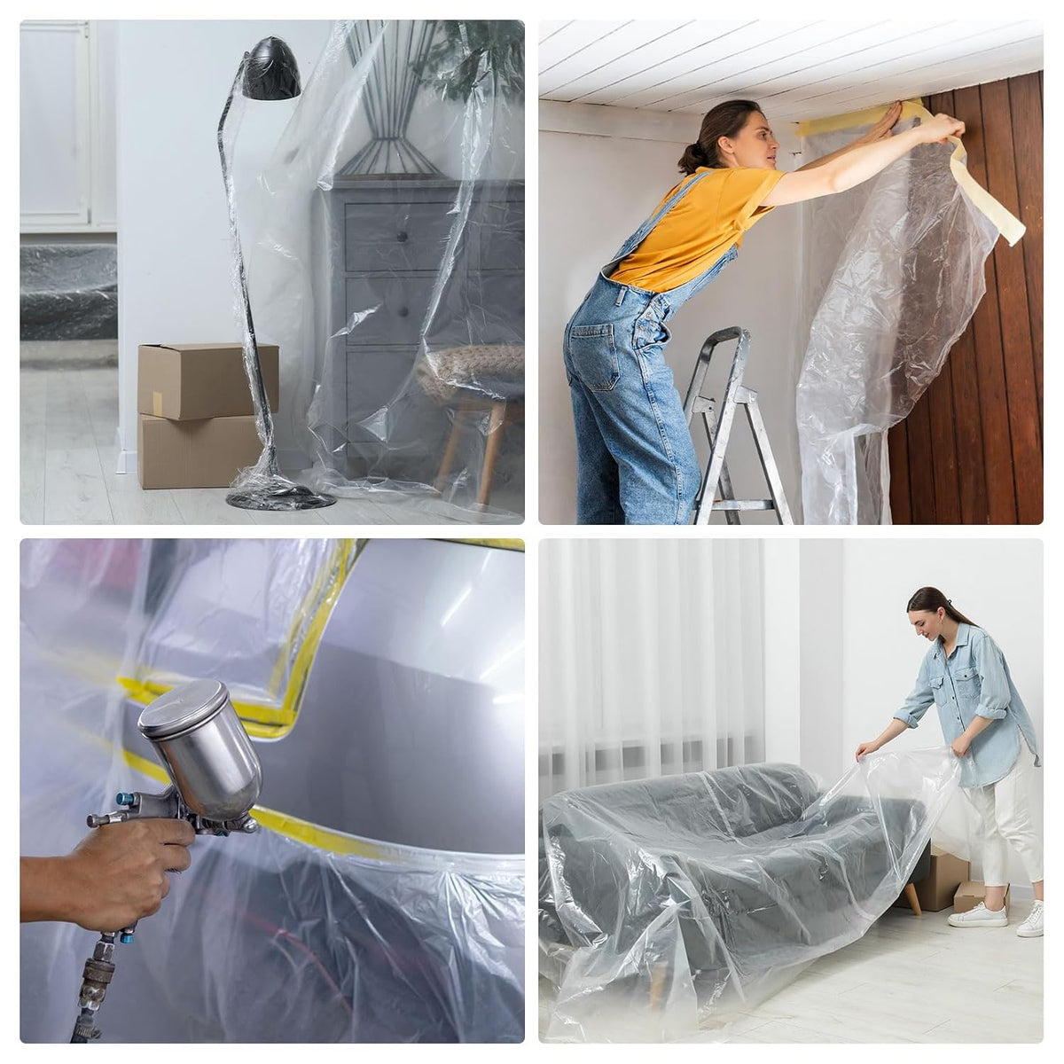 HARFINGTON 3 Rolls Pre-Taped Masking Film 157.5" x32.8ft Double Adhesive Tape and Drape Painters Plastic Drop Cloth Film with Tape Plastic Sheeting for Automotive Painting Covering
