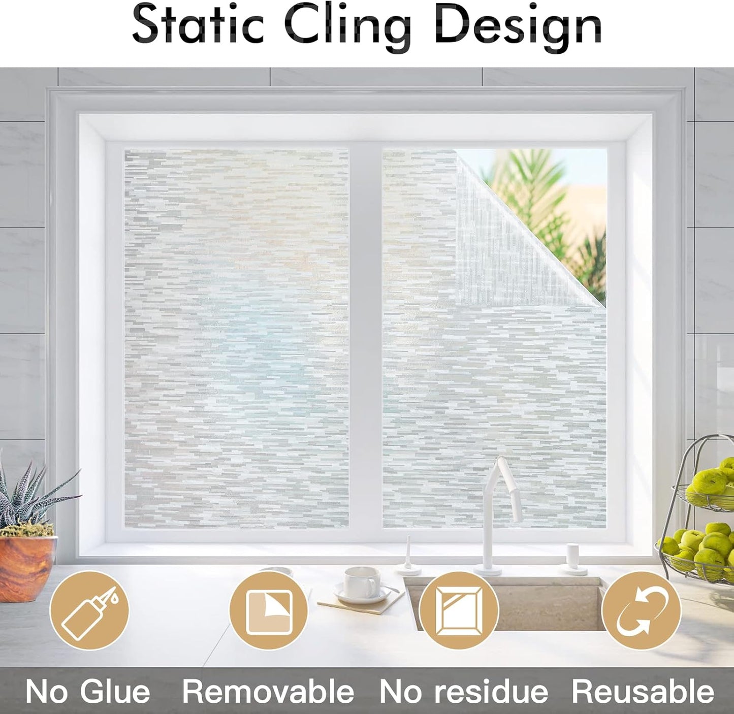 Haton Window Privacy Film, Frosted Glass Static Cling Sun Heat Blocking Window Clings, Frosting Opaque Coverings, Vinyl Removable Stickers Tint for Home Door Office, Non Adhesive 17.5" x 157.4"