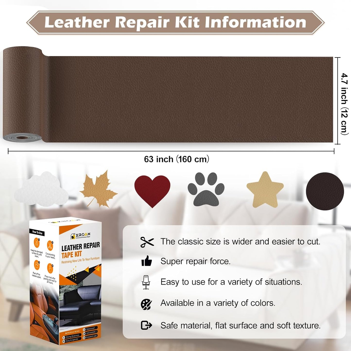 Leather Repair Tape, 4.7x63 inch Leather Patches for Furniture, Self Adhesive Leather Repair Patch for Sofas, Couches, Leather Covers, Seats, Chairs, Vinyl Repair Tape Retro Dark Gray