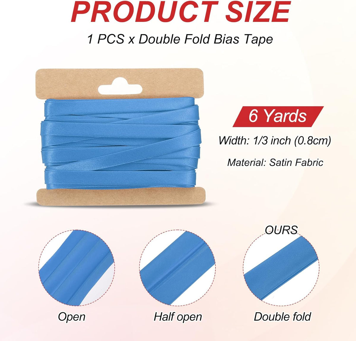 MECCANIXITY Double Fold Bias Tape for Sewing 1/3 Inch x 6 Yards Satin Pre-fold Continuous Binding Tape for Seaming Quilting Hemming Binding DIY Crafts, Blue
