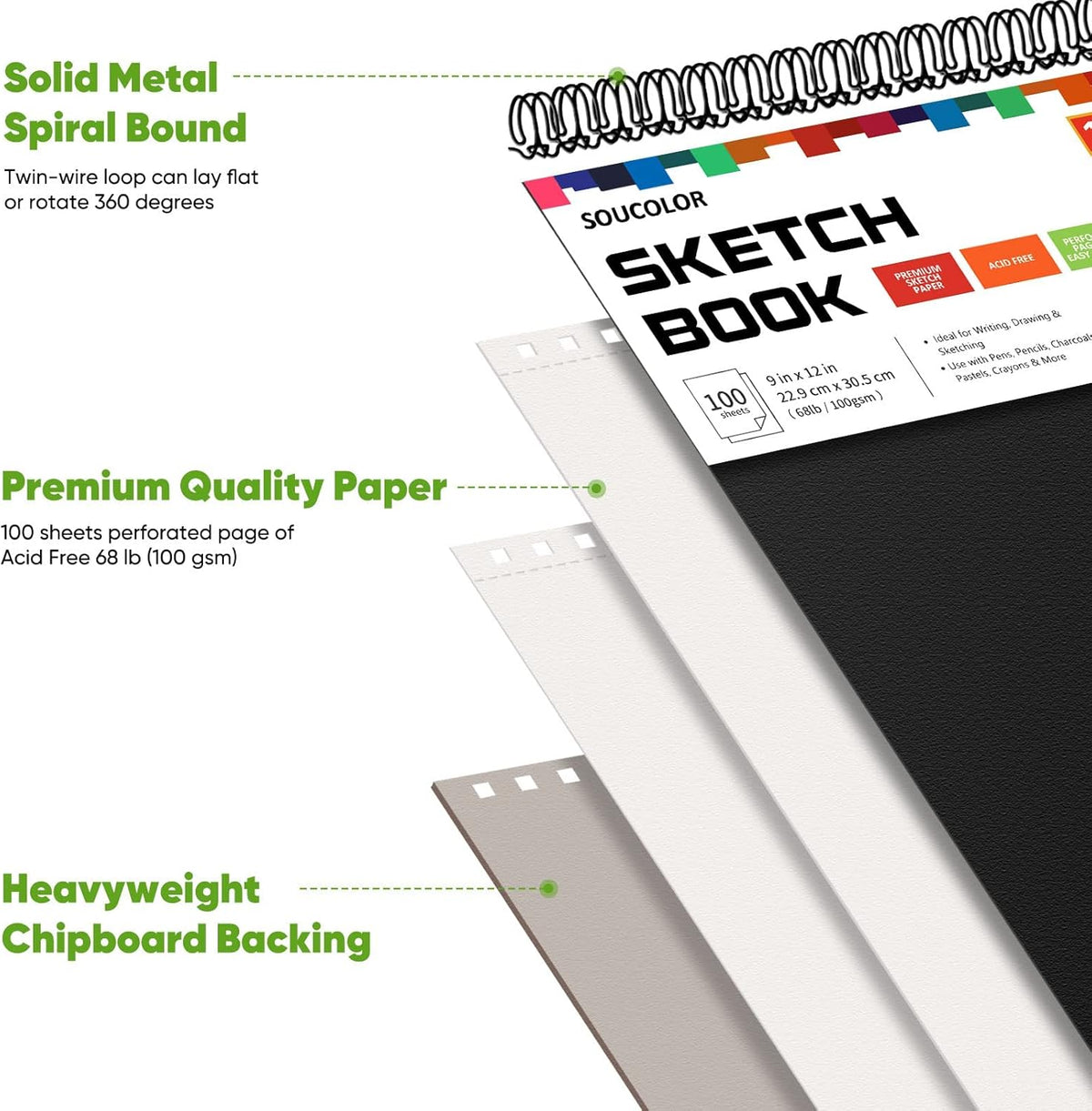 Soucolor Artist 9x12 Sketch Book Set, 4 Pack 100-Sheet Spiral Drawing Pads (68lb/100gsm) | Acid-Free Drawing Paper for Teens, Adults Classroom Art Supplies, Charcoal, Graphite, Pastel Pencils & Sticks
