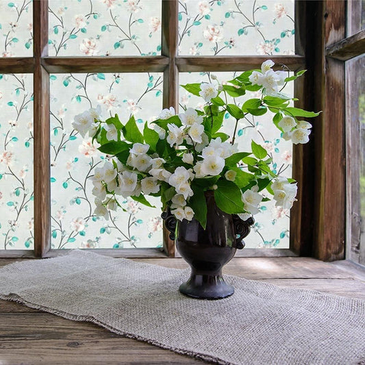 VSUDO Static Cling Decorative Window Privacy Film – Frosted Privacy Window Film with Jasmine Floral & Stained Glass Design, Adhesive-Free Tint for Home, Bathroom & Office (17.5" x 157.5")