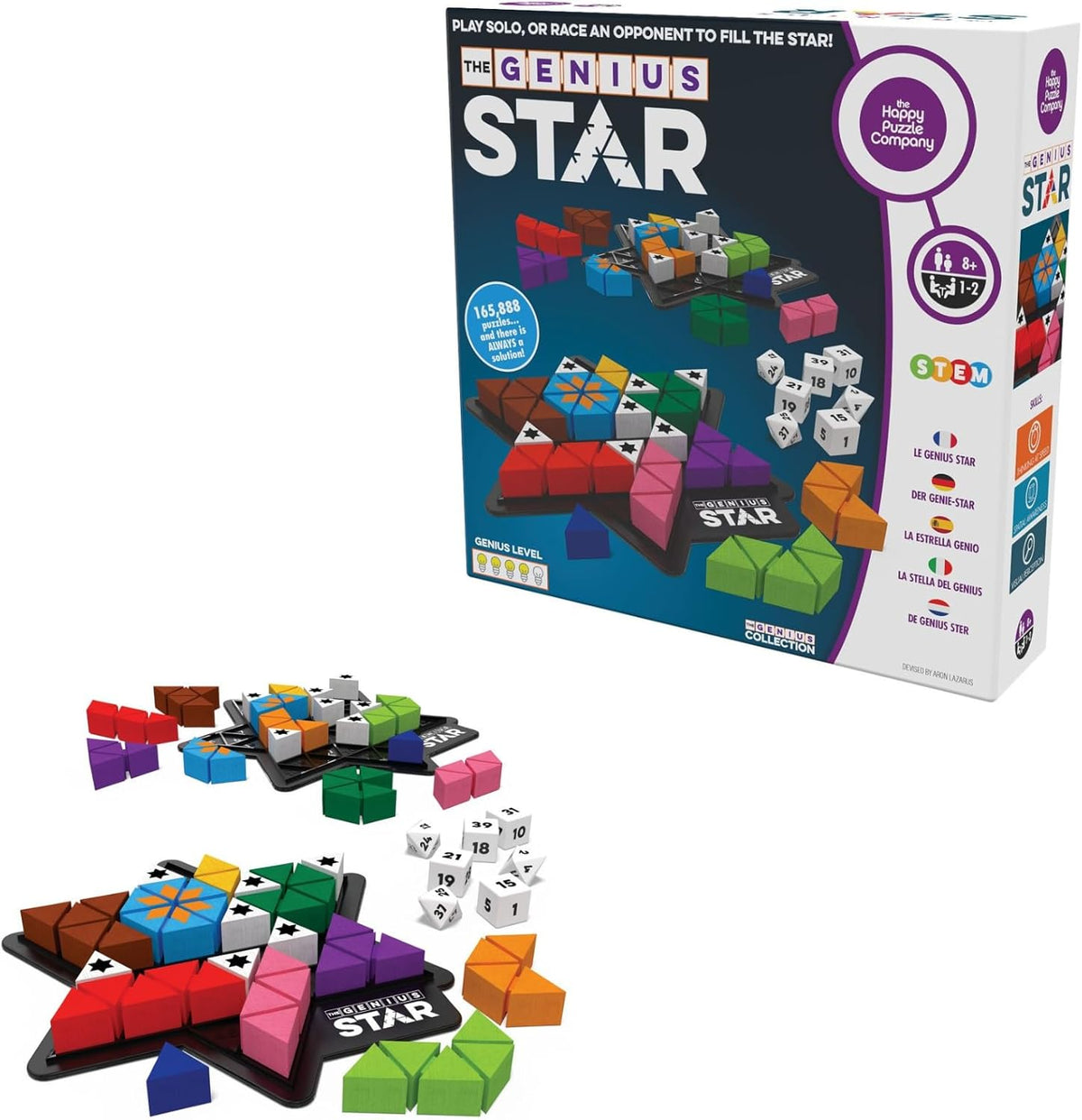 The Happy Puzzle Company The Genius Star | Toy of The Year Award Winning Family Board Game | 165,888 Possible Puzzles | Filling in Colored Shapes | Blockers to Complete A Star | Golden Star Twist