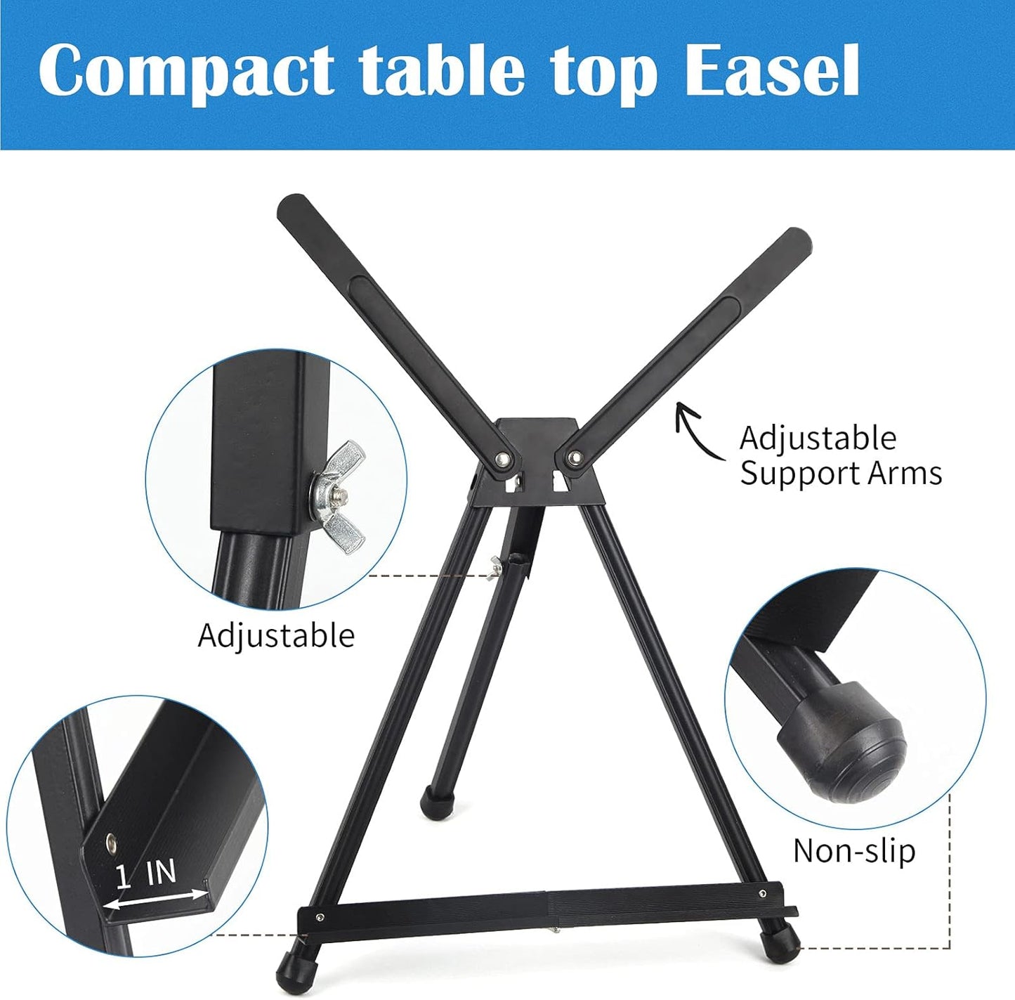 Falling in Art Aluminum 15" to 21" Tabletop Easel Display, Black Tripod with Rubber Feet, Holds Canvas, Paintings, Books, Photos, Signs (Pack of 2)