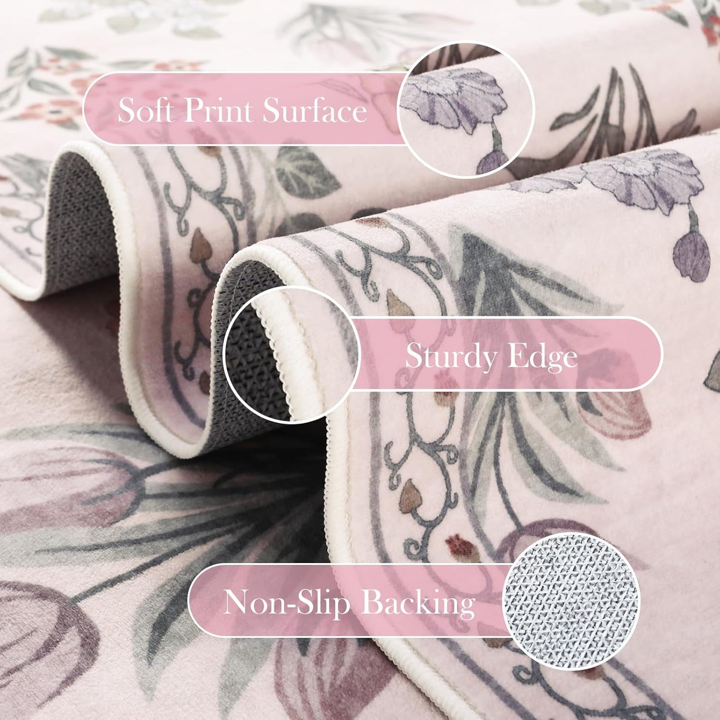 Wonnitar Floral Print Rug for Bedroom, Pink Boho Washable 8x10 Rug Ultra-Thin, Non Slip Soft Large Moroccan Trellis Floor Carpet for Living Room Girls Nursery Kids Playroom, Pale Pink