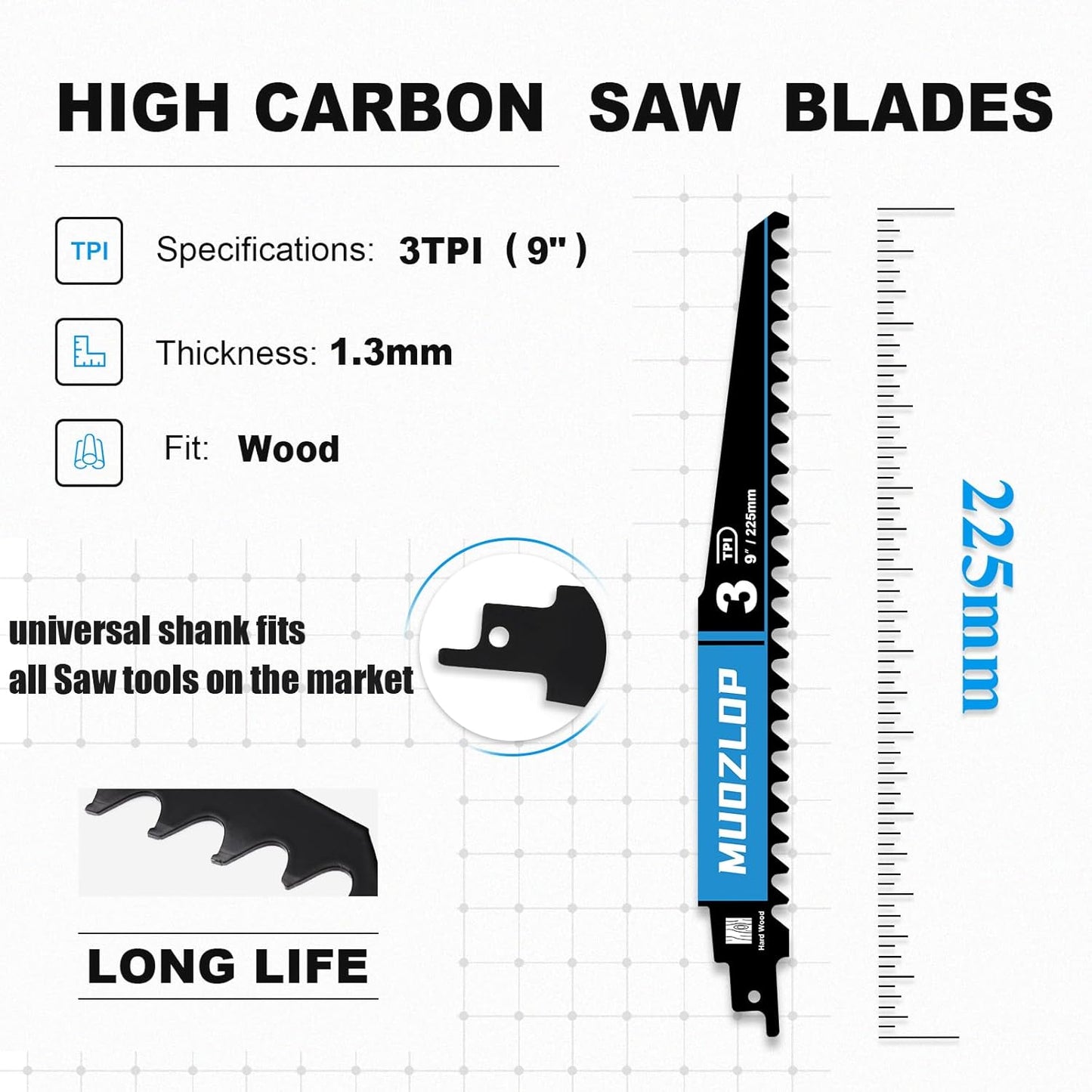 5 Pack 9 inch Reciprocating Saw Blades Set，3 TPI High Carbon Saw Blades for Woodcutting ，Saw Blades with Organizer Case (5, 3T/9inch)