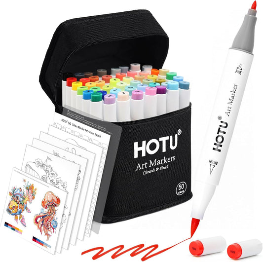 Alcohol Markers Brush and Fine Tip 50 Colors Dual Tips Art Marker Set Alcohol-based Sketch Pens with Carrying Case，Non-Bleeding Pad for Art Enthusiast Adults Coloring Illustration