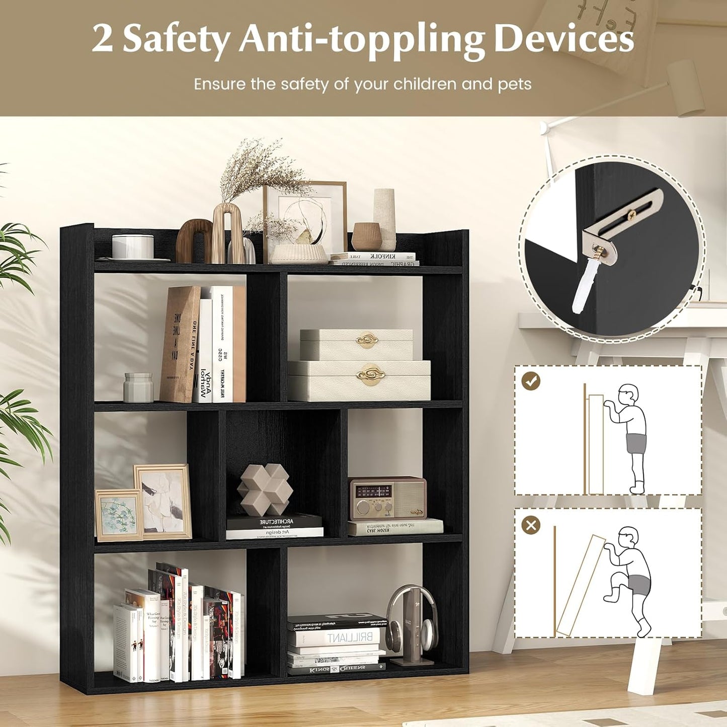 Giantex 7 Cubes Bookshelf, Free-Standing Wooden Bookcase, 4 Tier Home Display Shelf, Horizontal Storage Unit w/Anti-Toppling Devices, Open-Back Display Rack for Study, Living Room (2, Black)