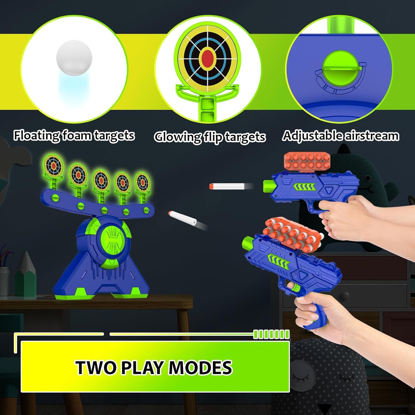 GMAOPHY Shooting Games Toy Gift for Age 5, 6, 7, 8, 9, 10+ Years Old Kids, Glow in The Dark Boy Gift Floating Ball Targets with Foam Dart Toy Blaster, 10 Balls 5 Targets