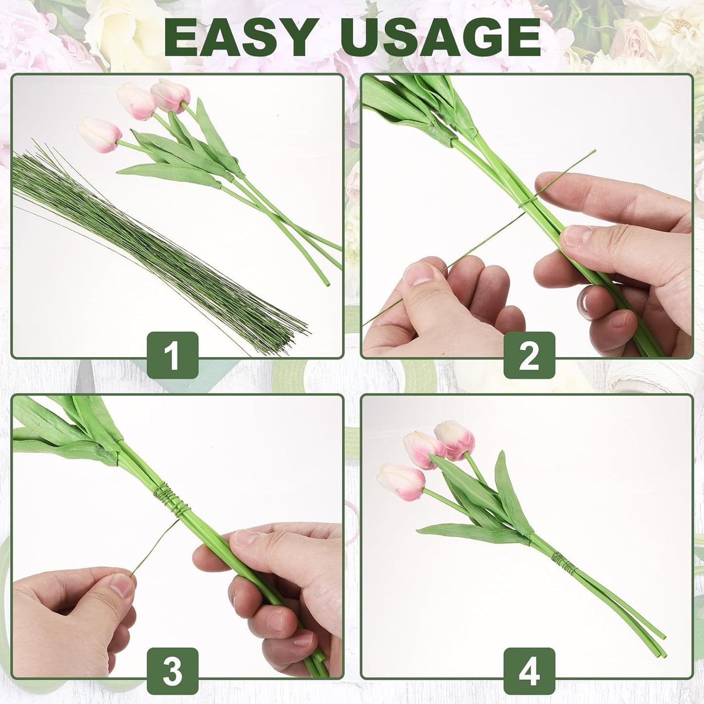 PATIKIL 32 Inch 22 Gauge Floral Stem Wire, 5 Pack/200 Pieces Bouquet Stem Paper Wrapped for DIY Crafts Flower Arrangements, White