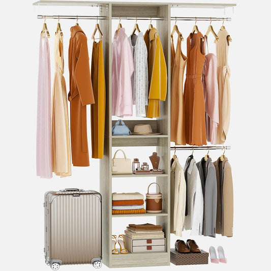 48" Small Closet Organizer, 4FT Small Closet System with 4 Closet Rods & 3 Shelves, 80"H Small Closet Organizers and Storage for Small Bedooms, Cloakrooms, Laundry Rooms, White Oak