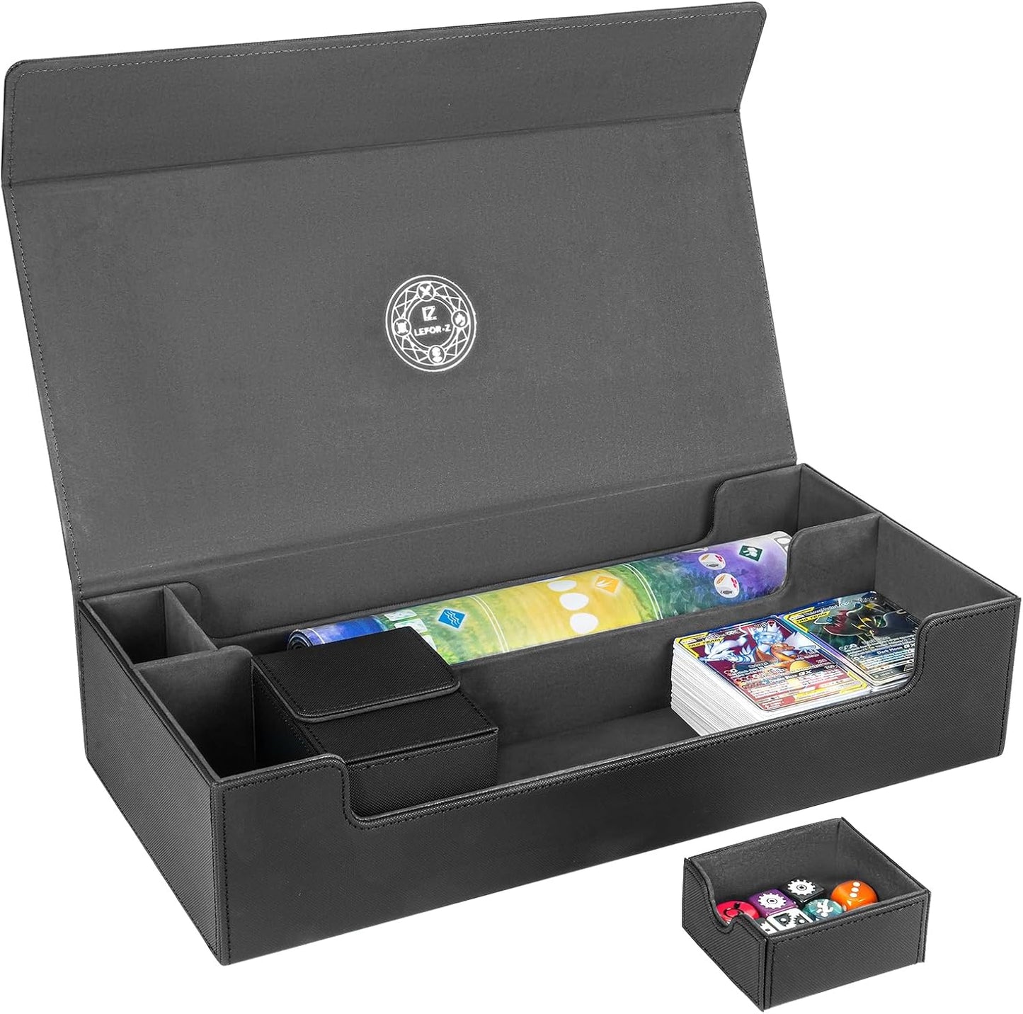 Card Deck Box,X-Large Premium Trading Card Storage Case with Mat and Dice Compartment,Magnetic Game Deck Display Case Compatible with MTG/TCG/Yugioh/Magic/Commander(Black＆Grey)