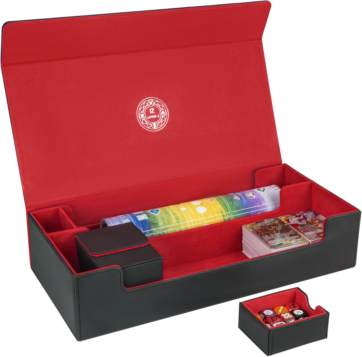 Card Deck Box,X-Large Premium Trading Card Storage Case with Mat and Dice Compartment,Magnetic Game Deck Display Case Compatible with MTG/TCG/Yugioh/Magic/Commander(Black＆Red)