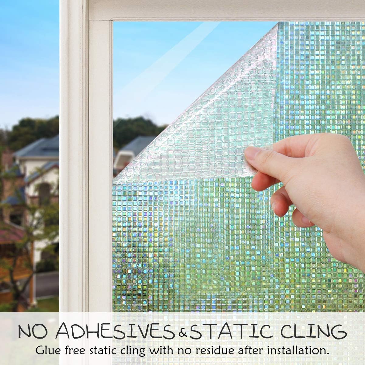 HIDBEA 3D Window Privacy Film - Rainbow Decorative Clings, Heat Control Vinyl Glass Tint, Mosaic Patterns - 17.5 x 78.7 Inches