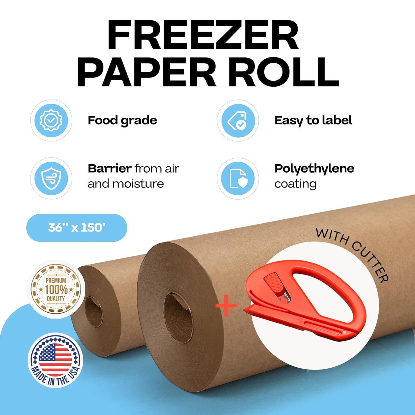 Brown Freezer Paper Roll 36" x 1800" (150 feet) with Cutter - USA-made Freezer Paper for Meat & Fish - Poly-Coated Food Wrapping Material for Freezing - Barrier Against Air & Moisture by IDL Packaging